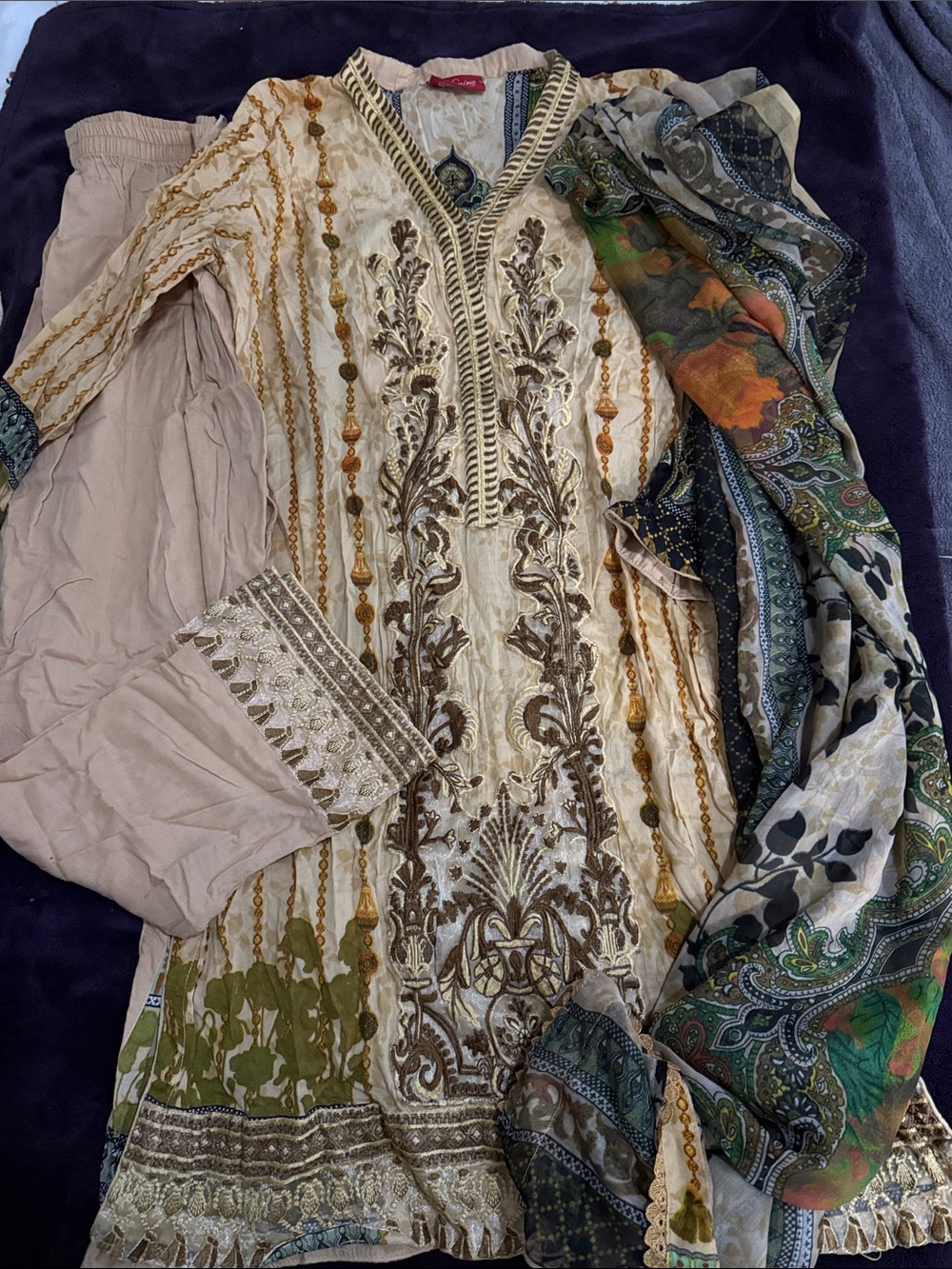 Embroidered Cream & Brown Women's Tunic Jacket with Scarf